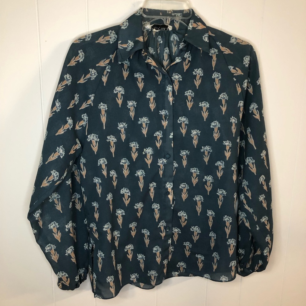 Prophecy Vintage Semi Sheer Crepe Teal Floral Blouse Small